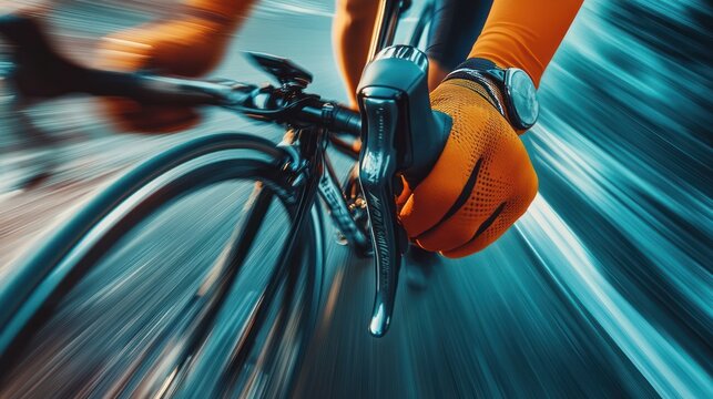 Close up POV of hands on bicycle handlebars with high speed motion blur.