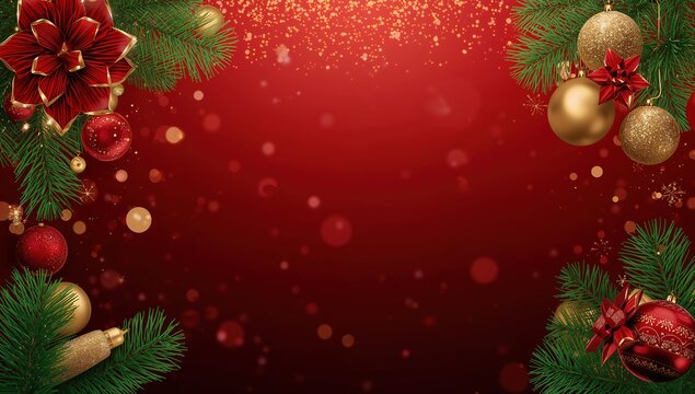 Banner de Navidad en rojo con decoraci&oacute;n de abeto, luces c&aacute;lidas y amplio copy space