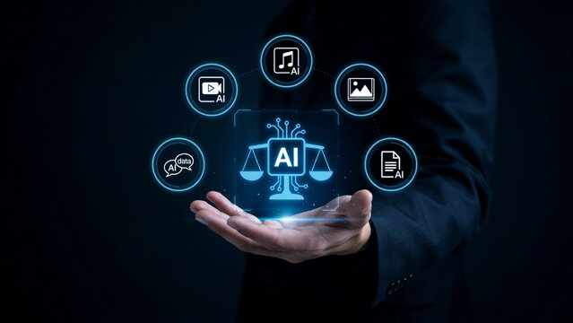 Hand holding AI ethics icon balance scale for artificial intelligence governance