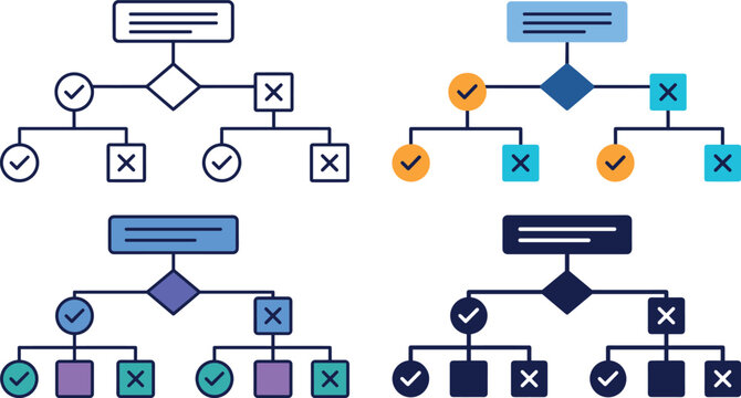 Flowchart infographic icons, business organization chart symbols, decision tree algorithm diagrams for corporate planning workflow, isolated design elements