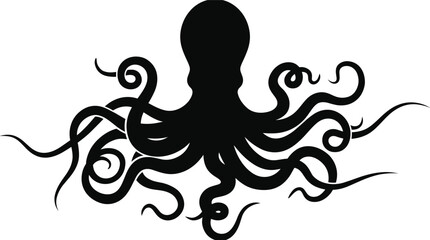 Giant octopus silhouette with swirling tentacles, ocean sea monster kraken, marine wildlife animal underwater mascot, isolated black graphic background © MdJafrul