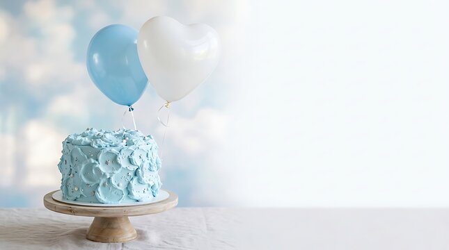 A beautiful blue frosted cake with balloons on a wooden stand for a happy birthday celebration party