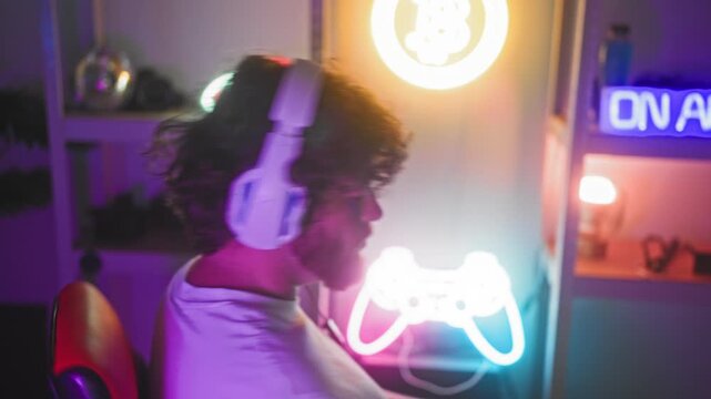 Man with curly hair and beard wearing a gaming headset stares intently at a screen, face and eyes lit by neon in studio; concentration.