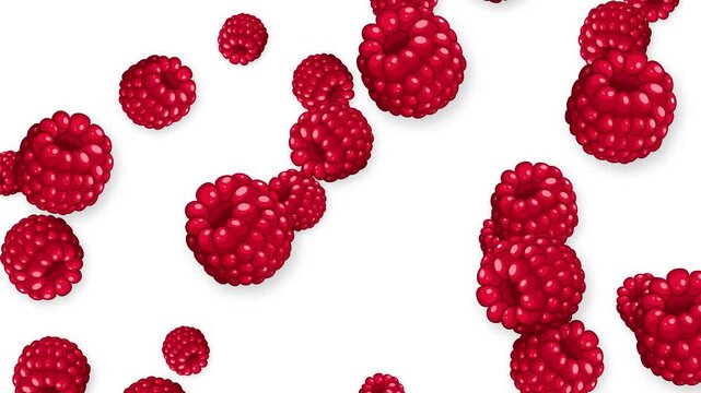 Fresh Red Raspberries Falling Downwards Against a Clean White Background
