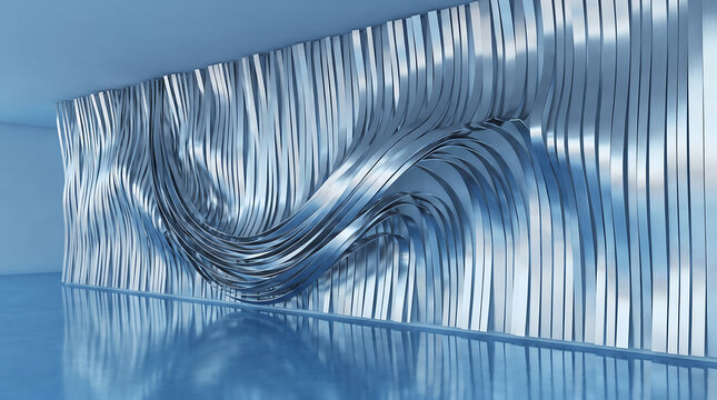 Dynamic metal ribbon sculpture mounted on interior wall