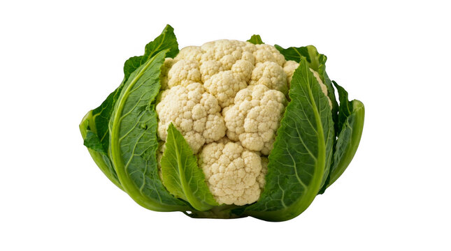 Fresh raw cauliflower head with green leaves isolated on transparent background