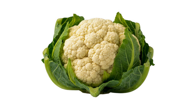 Fresh raw cauliflower head with green leaves on wooden table isolated on transparent background