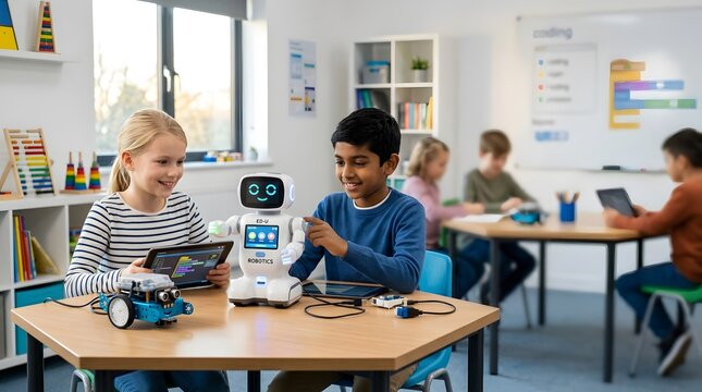 Diverse children learning robotics and coding in a modern classroom with a friendly humanoid robot and digital tablet, highlighting STEM education and future technology skills.