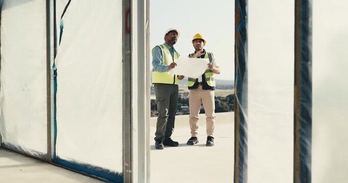 Architect, blueprint and construction team at worksite for planning, discussion and communication. Doorway, floorplan and men together for collaboration, vision and civil engineering design outdoor