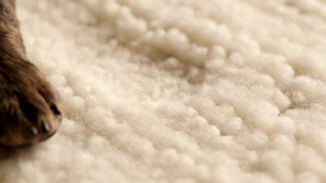 Close-up of a fluffy white sheepskin rug with a dog's paw