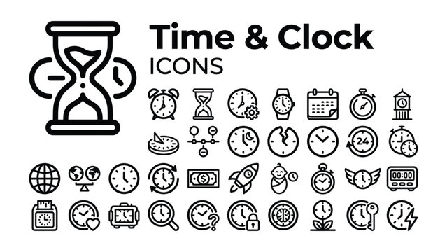 Time and Clock Icons: A comprehensive collection of modern line icons illustrating various timekeeping devices and concepts, including hourglass, alarm clock, watch, calendar, and stopwatch.