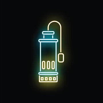 Submersible pump with a float switch glowing in neon blue and yellow colors
