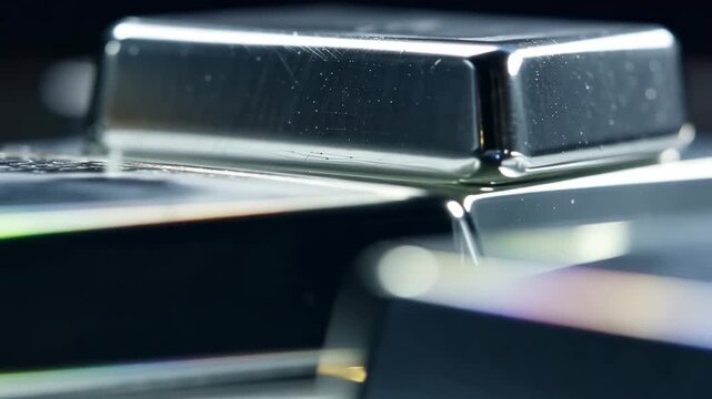 Close-up view of shiny metal bars reflecting light, showcasing intricate details and textures, arranged on a smooth surface with colorful reflections in the background