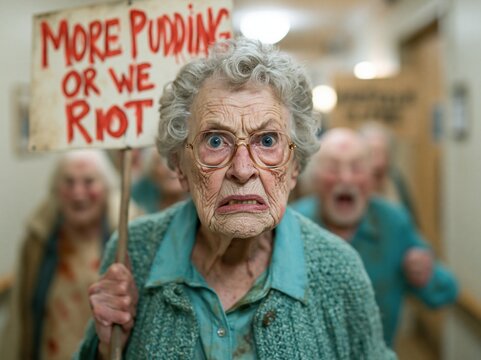 Angry senior woman protesting with 'More Pudding or We Riot' sig