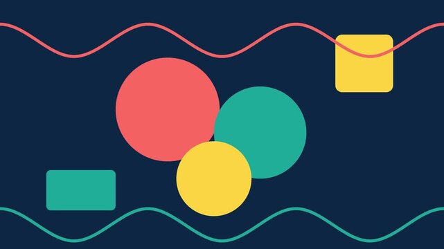 Bright circles and lines looping interact in an engaging way on a dark backdrop. This display captivates attention with its dynamic movement and color contrast.
