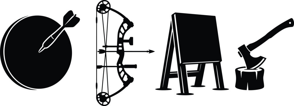 Black silhouette set of target sports equipment featuring compound bow, axe throwing, and dartboard