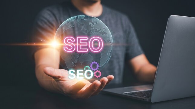 Digital search engine optimization concept hologram projected from a hand with optimization marketing internet business technology strategy hologram analysis management