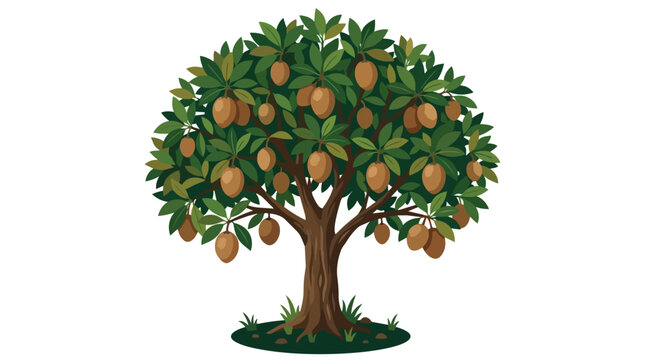 Lush Tropical Sapodilla Tree Illustration with Abundant Ripe Brown Fruits and Green Leaves Isolated on White Background
