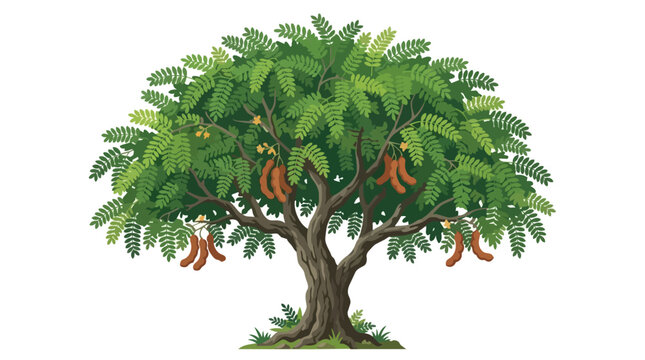 Evergreen Tamarindus Indica Tree Illustration with Detailed Green Foliage and Sweet Ripe Tamarind Fruit Pods