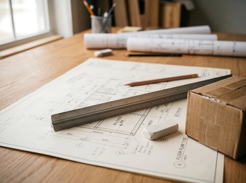 Architect reviewing blueprints with a triangular scale ruler on a wooden table architectural drawing construction plans working desk project design technical drawing