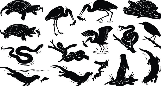 Black silhouette set of wetland animals featuring otters, turtles, herons, and snakes in natural habitats