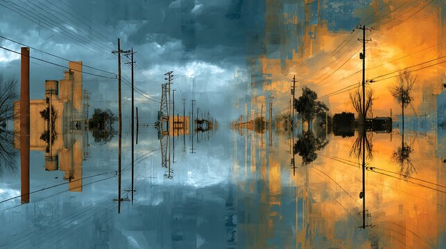 A surreal cityscape blends blue and orange tones with reflected power lines, buildings, and trees creating an abstract, mirror-like urban scene.