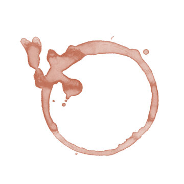 A circular wine glass stain with a messy drip pattern isolated on transparent background