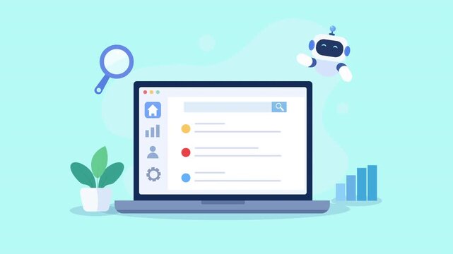Animated video showing a laptop with a digital data management interface, search icon, list elements, and analytics chart on a bright turquoise background.