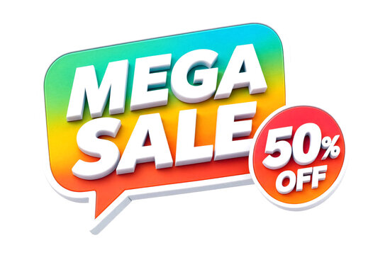 Colorful mega sale promotion graphic with fifty percent off discount announcement isolated design