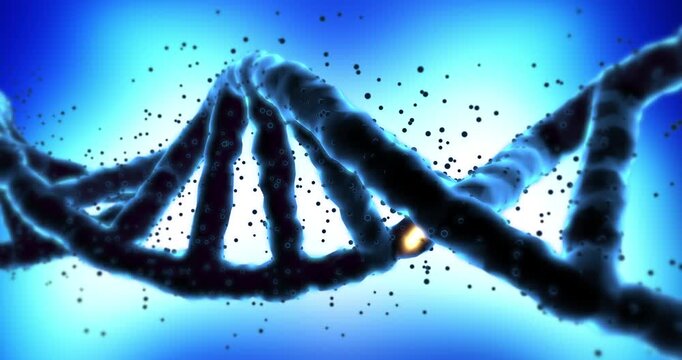 Genetic mutation concept showing glowing orange strand on rotating 3d dna helix. Science and Medical Concept.