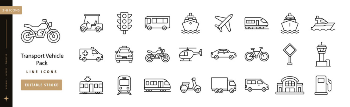 Transport Vehicle Pack line icon set editable stroke