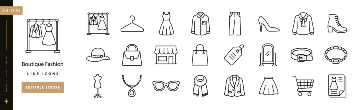 Boutique Fashion Lines line icon set editable stroke