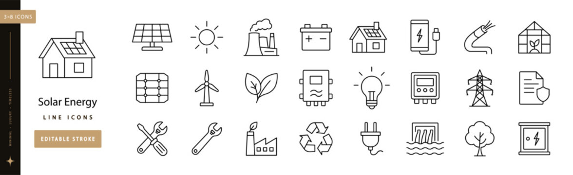 Solar Energy Grid line icon set editable stroke