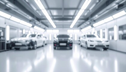 Obraz premium Blurred automotive manufacturing plant interior with cars on an assembly line under bright fluorescent lights and glossy reflections