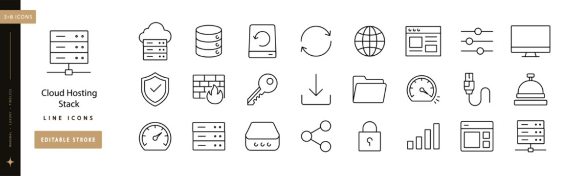 Cloud Hosting Stack line icon set editable stroke