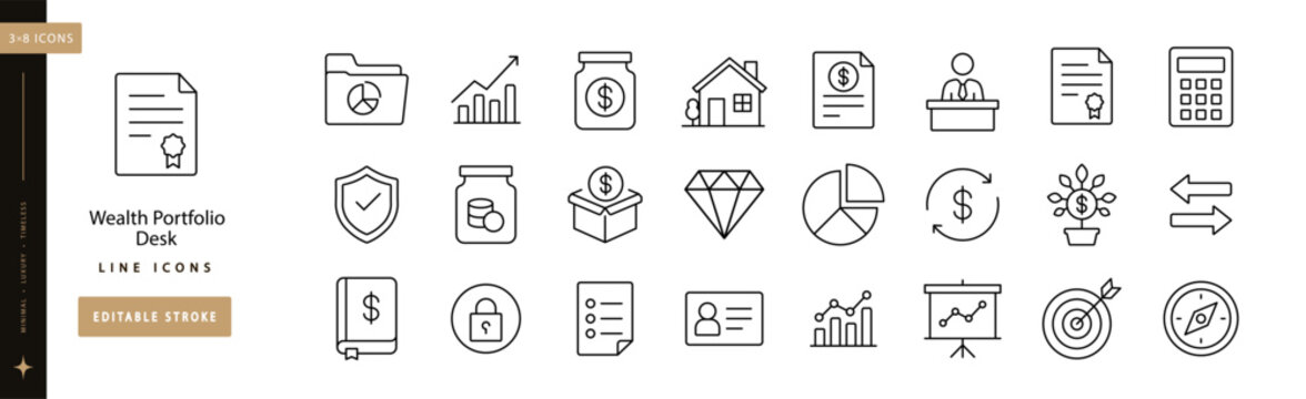 Wealth Portfolio Desk line icon set editable stroke