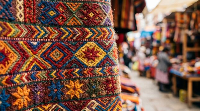 Colorful Handwoven Textile Pattern at a Traditional Peruvian Market.