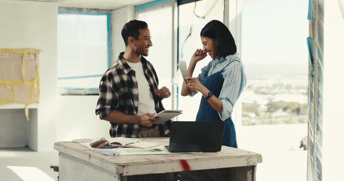 Couple high five and color palette for renovation, construction and happy with interior design. Man, woman and support with DIY success, tablet and remodeling progress with conversation and swatches