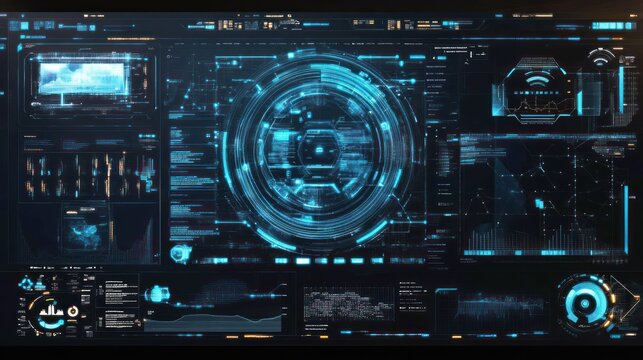Comprehensive blue futuristic computer interface with multiple data panels and circular hud elements.