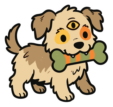 Whimsical Canine Companion: A playful, light-brown puppy with three eyes and a fetching bone in its mouth stands on all fours, its tail wagging with delight.