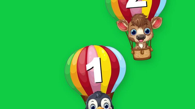 Cartoon Animals Floating in Numbered Hot Air Balloons on Green Screen