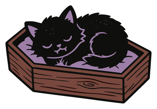 Sleeping Black Cat in Coffin Bed: A cute black cat with purple accents sleeps soundly curled up in a coffin-shaped bed, creating a whimsical and spooky aesthetic.
