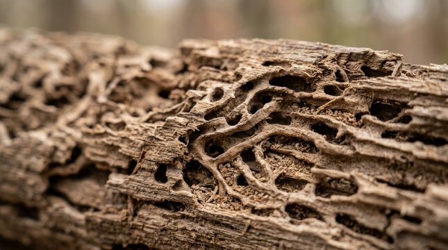 Close up view of intricate beetle tunnels on a weathered tree trunk.
