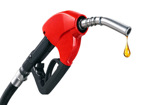 Fuel pump nozzle dispensing gasoline with droplet isolated on clear background