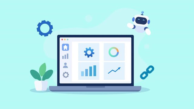 Animated video showing a laptop with a cloud analytics dashboard featuring charts, graphs, settings, and link elements on a bright turquoise background.