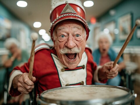 Happy senior man playing drums in band uniform