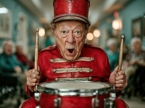 Surprised senior drummer in red uniform with drum