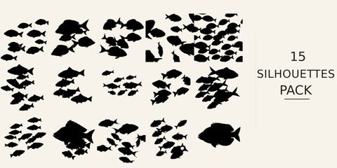 Fototapeta premium School Of Fish Swimming Silhouette - Flowing Form Sharp Edge Silhouette Black Vector Clipart on White Background