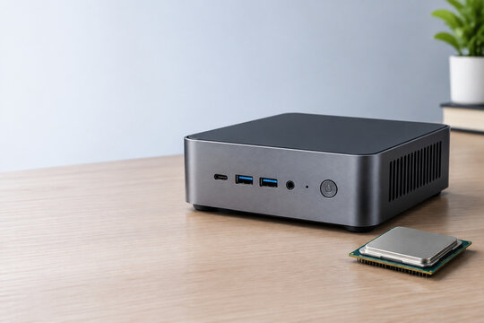 Mini PC with computer chip on desk, technology and compact computing concept