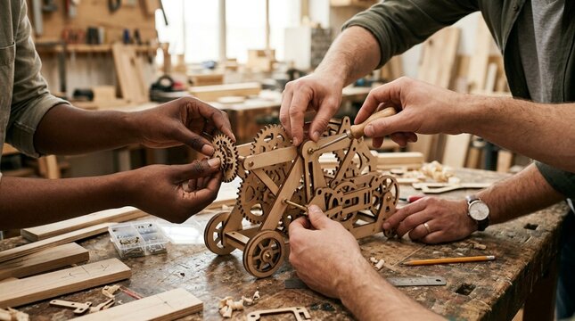 Teamwork Building Wooden Miniature Catapult Model in Workshop